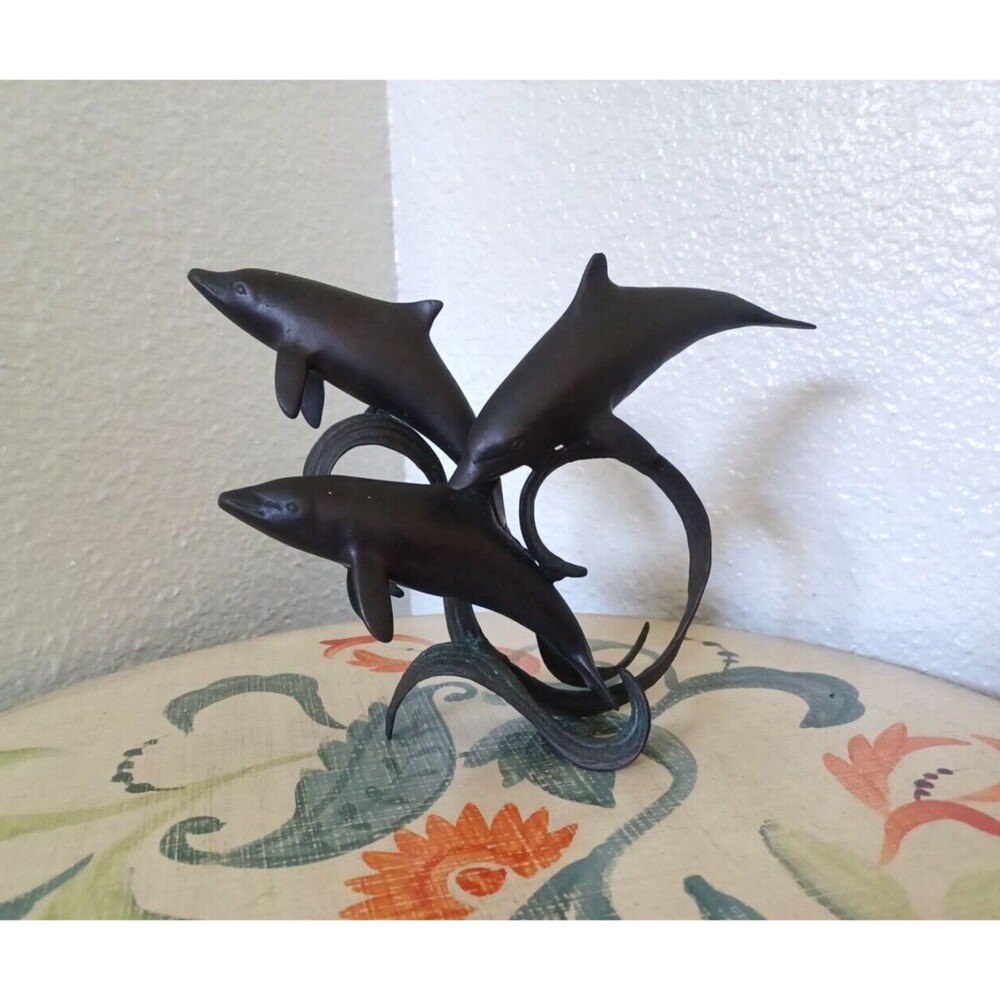 Vintage Dancing Dolphins Bronze Wave Base MCM Sculpture Patina Swimming Dolphins
